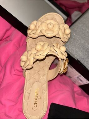 CHANEL Beige Camellia Slide Sandals